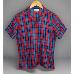 Vtg Paris Station Short Sleeve Top Shirt Red Blue Teal Plaid Blouse- Sz S